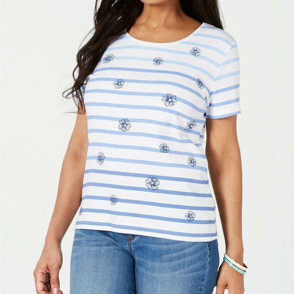 Karen Scott Tops - Karen Scott Floral Stripe T-Shirt Intrepid Blue Pl